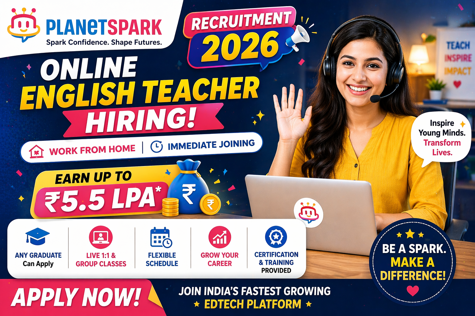 PlanetSpark Recruitment 2026: Online English Teacher Hiring | Salary up to ₹5.5 LPA | Work From Home | Immediate Joining | Any Graduate Apply Now